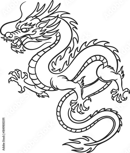 Majestic Oriental dragon outline with detailed scales and fiery mane. Traditional Asian myth and legend concept. Vector illustration for coloring book