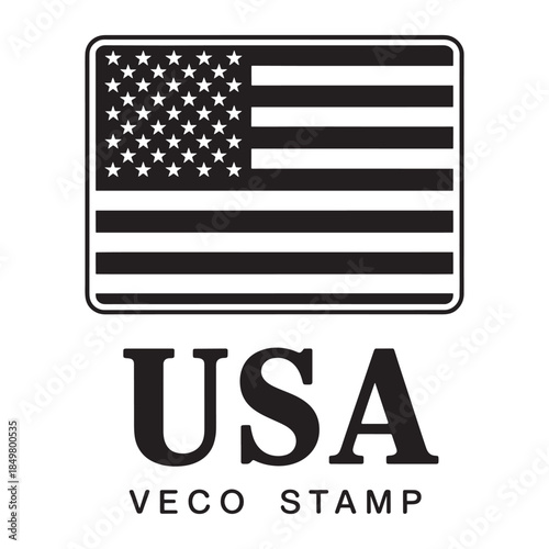 United states flag with text USA and veco stamp in a rounded rectangle shape