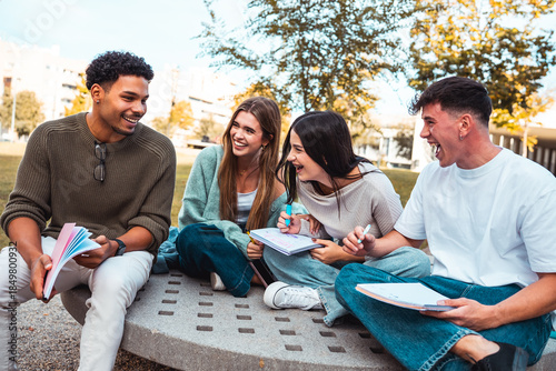 Tableau sur toile Diverse students laughing enjoying campus life outdoor