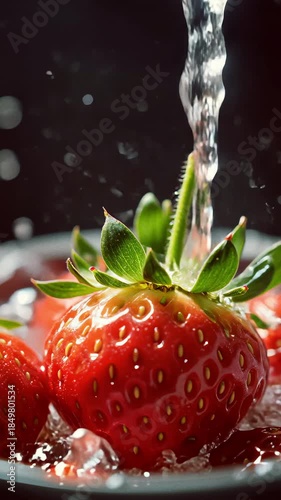 Fresh strawberries splashing in water with vibrant droplets surrounding.