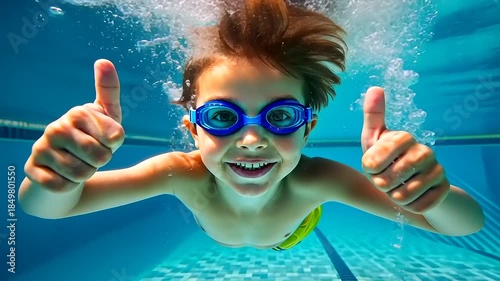 Happy Young Boy Swims Underwater in Pool Giving Thumbs Up.