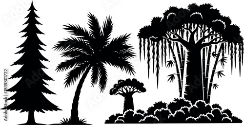 Silhouette black tropical palm pine baobab trees cluster in flat vector art style landscape design illustration