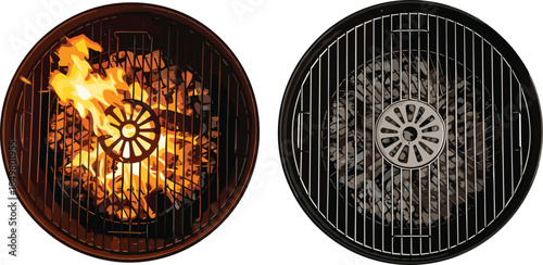 Barbecue Charcoal Grill Top View Vector Illustration, Realistic BBQ Grates with Burning Fire and Glowing Coals, Outdoor Cooking Party Elements.
