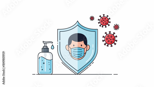 Illustration of a person wearing a face mask protected by a shield and hand sanitizer combating virus particles