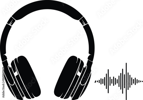 Black Headphone Silhouette Vector Illustration with Sound Wave Frequency Equalizer for Music Studio Podcasting Audio Equipment Radio DJ and Digital Sound
