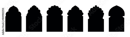 Shape Islamic door and window silhouette Arabic arch. Vector mosque gate shape isolated on transparent. Collection of patterns in oriental style. Frames in Arabian Muslim design for Ramadan Kareem