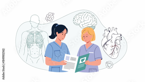 Healthcare professionals collaborating on medical research and patient care with anatomical illustrations