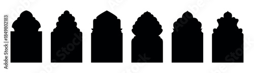 Arabian arc windows, mosque shapes graphic Islam elements. Arab decorative window, Muslim architecture ornate beautiful racy. Frames in Arabic Muslim design. silhouette Moroccan borders or gates