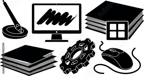 Black and white flat design icons of computer mouse gear monitor pen and stacks of paper sheets arranged in simple layout