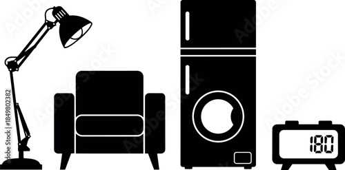 Black silhouette icons of floor lamp armchair washing machine and digital alarm clock set