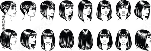 Woman hairstyle silhouette, haircut vector, front side back view, fashion hair design, black and white illustration, beauty salon reference