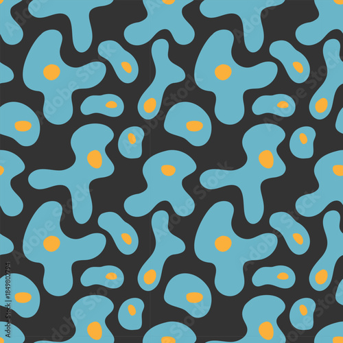 Amoebic biomorphic abstract fluid forms in blue with yellow core, organic shapes on dark background. Futuristic abstract pattern.