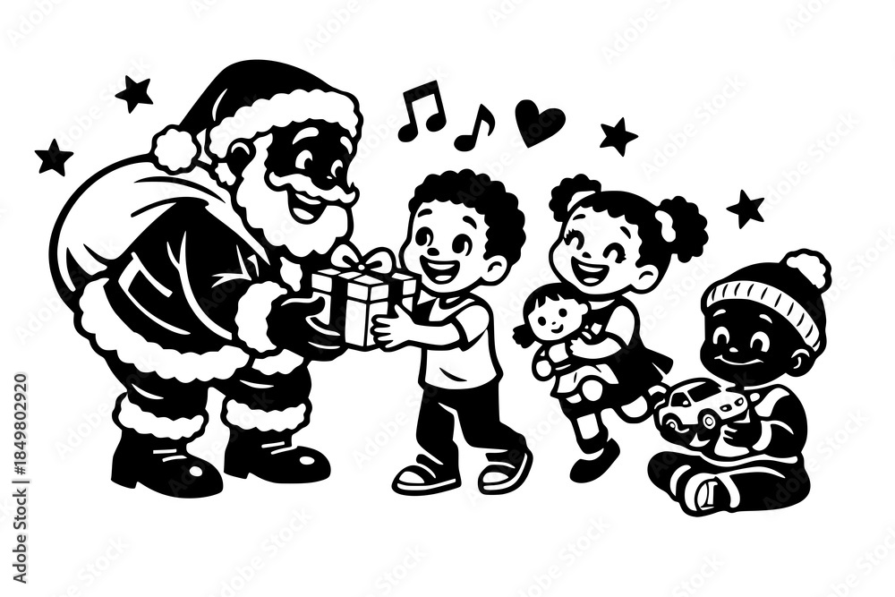 Naklejka premium Black and white illustration of a black Santa Claus giving presents to children.