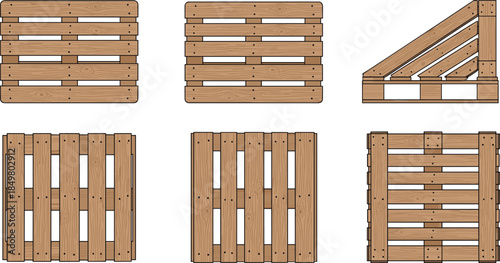 Wooden Pallet Vector Illustration Set Featuring Top Side and Isometric Views for Industrial Logistics Shipping Warehouse Storage and Cargo Transportation