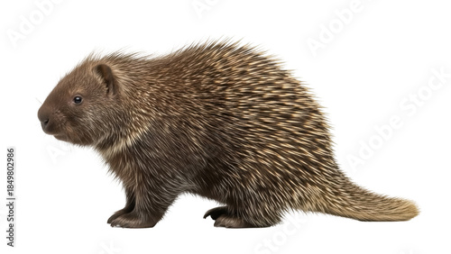Isolated New World porcupine in studio shot, erect quills, side view, brown animal on neutral backdrop