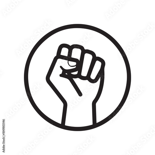 Minimalist Black Outline Clenched Fist Symbol in White Circle Icon