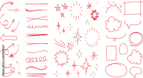  set of hand-drawn doodle vector elements in a reddish hue, which are commonly used for design purposes or highlighting information. vector illustration 