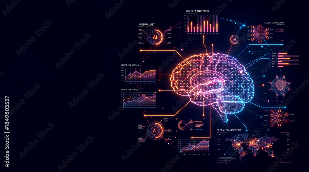 Obraz premium Artificial Intelligence Brain and Big Data Analytics Network