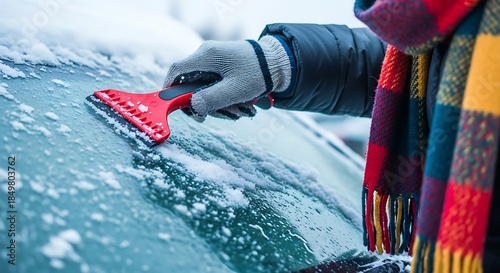 Person wearing gloves and scarf scraping ice from car windshield winter snow