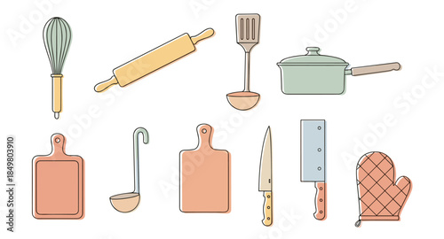 Colorful kitchen utensil set: whisk, knife, cutting boards, pot, spatula, mitten, ladle.