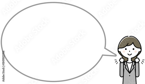 ガッツポーズをするスーツの女性　ファイティングポーズ 　ふきだし