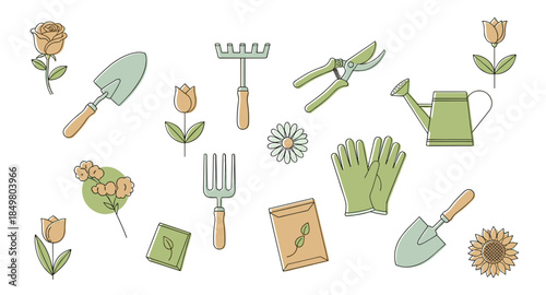 Garden tools and flowers set: gloves, trowels, watering can, rake, seeds, pruner, and blooms.