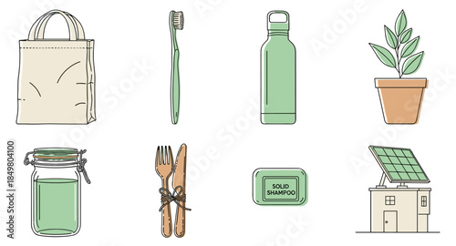 Eco-friendly lifestyle icons: tote bag, bamboo toothbrush, solar panel, solid shampoo, plant, jar.