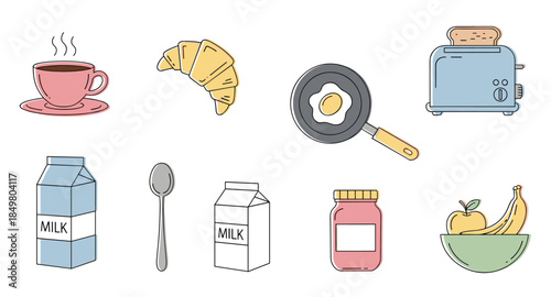 Breakfast food icons: coffee, croissant, egg, toaster, milk, fruit bowl, spoon, and jam jar.