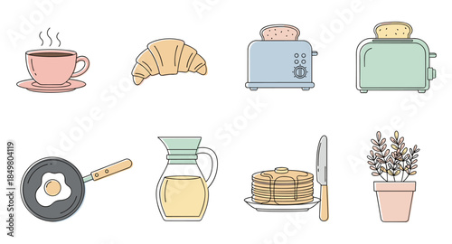 Breakfast food icons: coffee, croissant, egg, toaster, milk, fruit bowl, spoon, and jam jar.