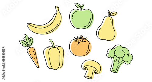 Colorful flat style fruits and vegetables: apple, banana, pear, tomato, broccoli, carrot, orange.