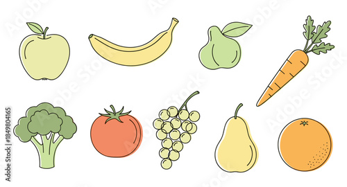 Colorful flat style fruits and vegetables: apple, banana, pear, tomato, broccoli, carrot, orange.