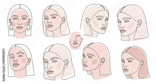 Minimalistic illustrated female portraits in pastel tones. Modern beauty, fashion, and style concept.