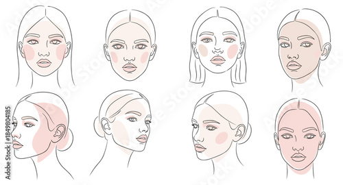 Minimalistic illustrated female portraits in pastel tones. Modern beauty, fashion, and style concept.