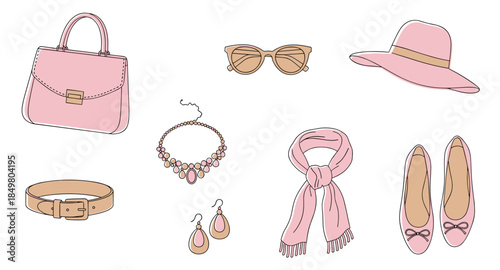 Fashion accessories in soft pink tones: handbag, shoes, hat, scarf, jewelry, belt, and sunglasses.