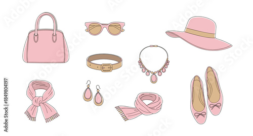Fashion accessories in soft pink tones: handbag, shoes, hat, scarf, jewelry, belt, and sunglasses.