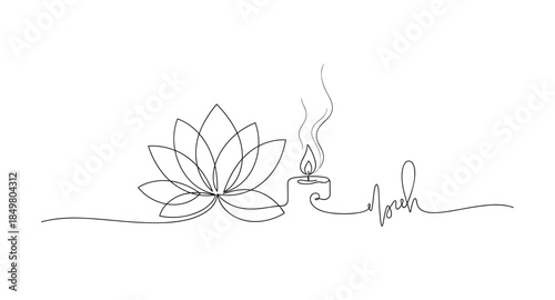 One line drawing of lotus flower, candle, and "relax" text. Minimalist wellness and spa illustration.