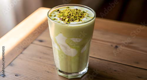 A glass of matcha green tea latte topped with crushed pistachios on a wooden table