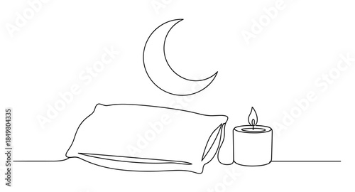 One line drawing of a pillow, candle, and moon. Minimalist bedtime and sleep illustration.