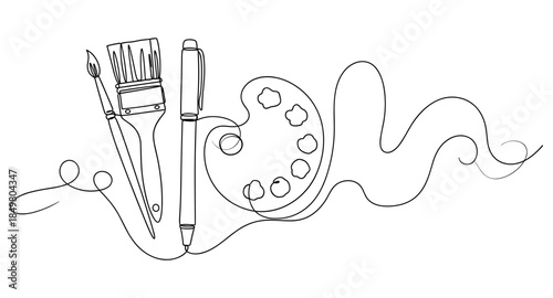 One line drawing of art tools — paintbrushes, pen, palette. Minimalist artist supplies illustration.