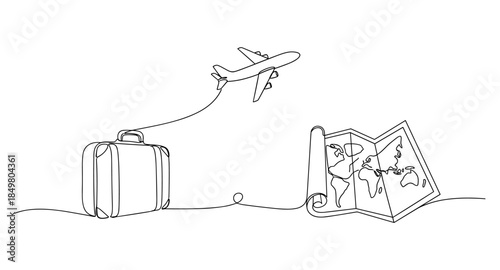 One line drawing of airplane, suitcase, and map. Minimalist travel and adventure illustration.