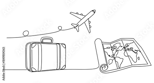 One line drawing of airplane, suitcase, and map. Minimalist travel and adventure illustration.
