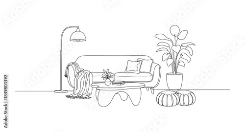 One line drawing of cozy living room interior with sofa, lamp, table, and plant. Minimalist style.