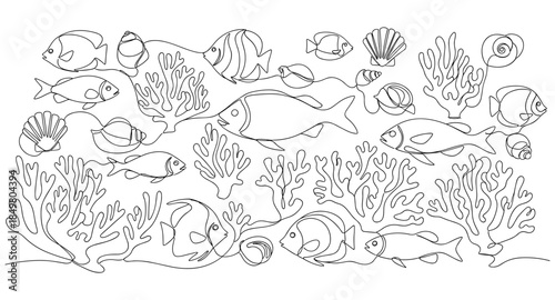 One line drawing of underwater sea life with fish, coral, and shells. Minimalist ocean illustration.