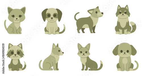 Cute cartoon pets collection with different breeds of dogs and cats in a flat style.
