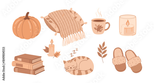 Flat cozy autumn icons with pumpkin, blanket, candle, mug, pillow, book, beanie, and leaves.