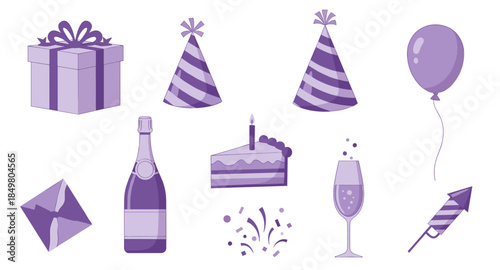 Flat party icons with gift, cake, hats, balloon, champagne, confetti, envelope, and fireworks.