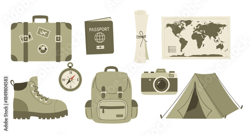 Flat travel and camping icons with backpack, camera, compass, boots, map, tent, passport, binoculars.