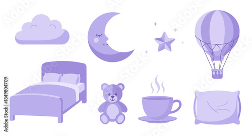 Flat bedtime icons with moon, bed, pillow, cloud, teddy bear, tea cup, star, balloon, sleep.