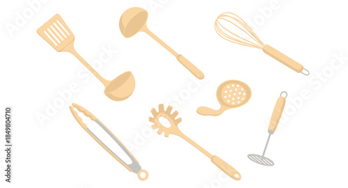 Flat kitchen utensil icons with spatula, ladle, whisk, spoon, tongs, strainer, pasta tool, cup.