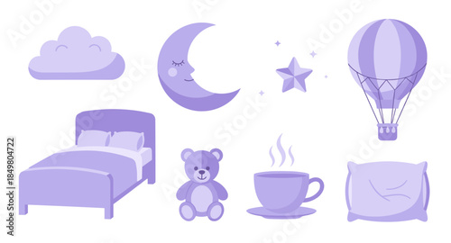 Flat bedtime icons with moon, bed, pillow, cloud, teddy bear, tea cup, star, balloon, sleep.